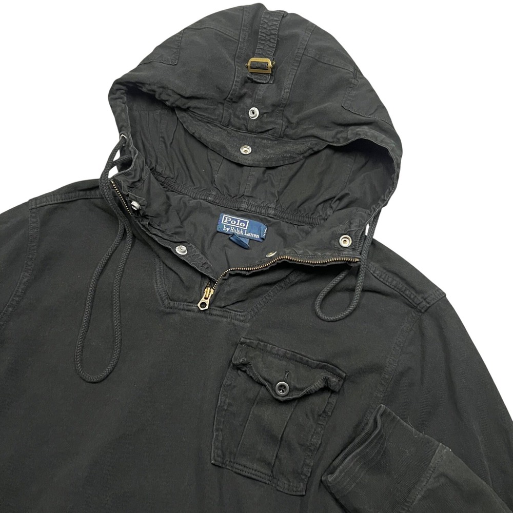 Polo Ralph Lauren Mens XL Black Military Quarter Zip Hoodie Elbow Patch Pullover